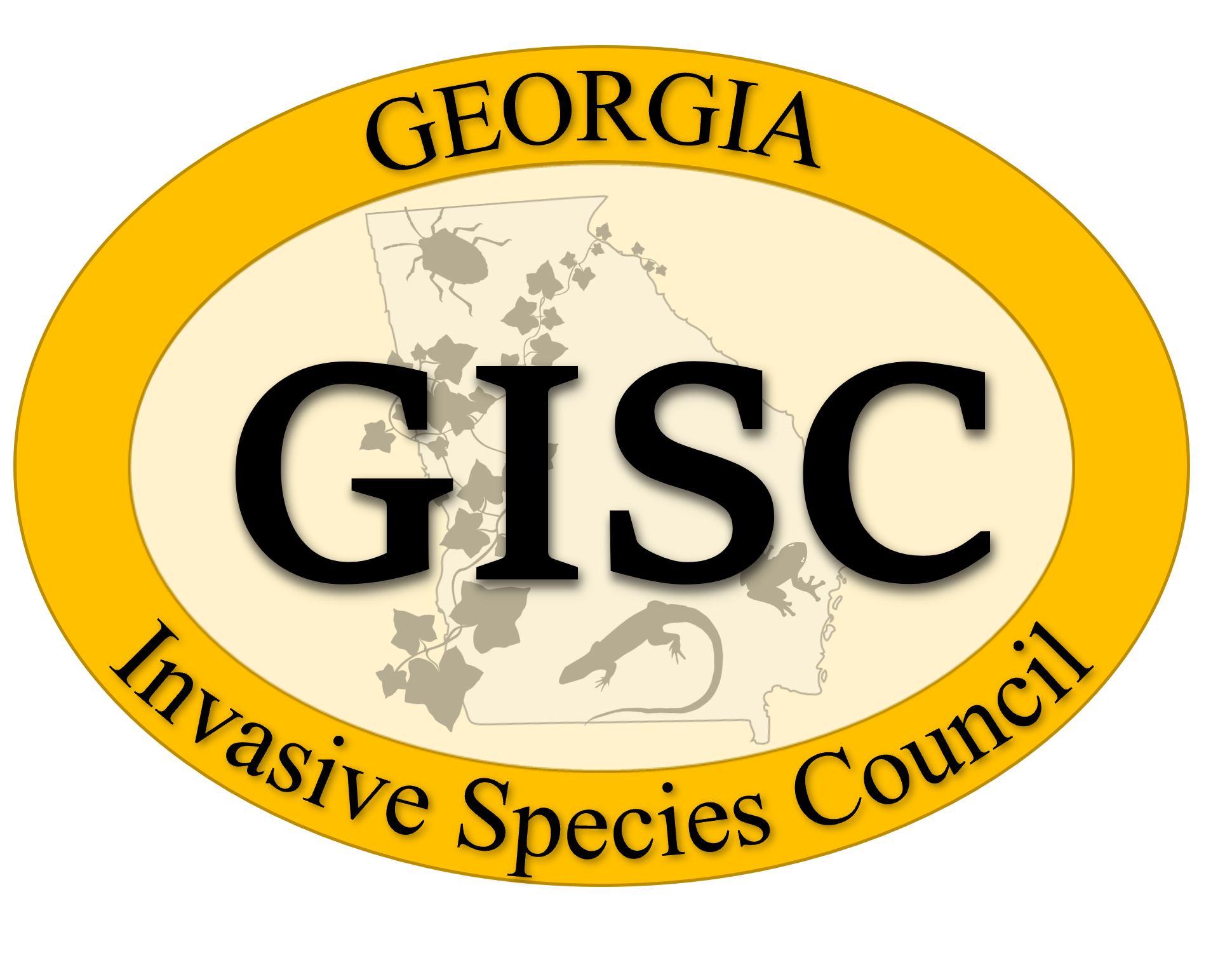 Georgia Invasive Species Council (GISC) Logo. Oval with dark gold outline containing the words "Georgia Invasive Species Council". Inner light gold oval containing a state of Georgia outline with English ivy, Cuban treefrog, tegu, and stink bug silhouettes, and the letters "GISC"